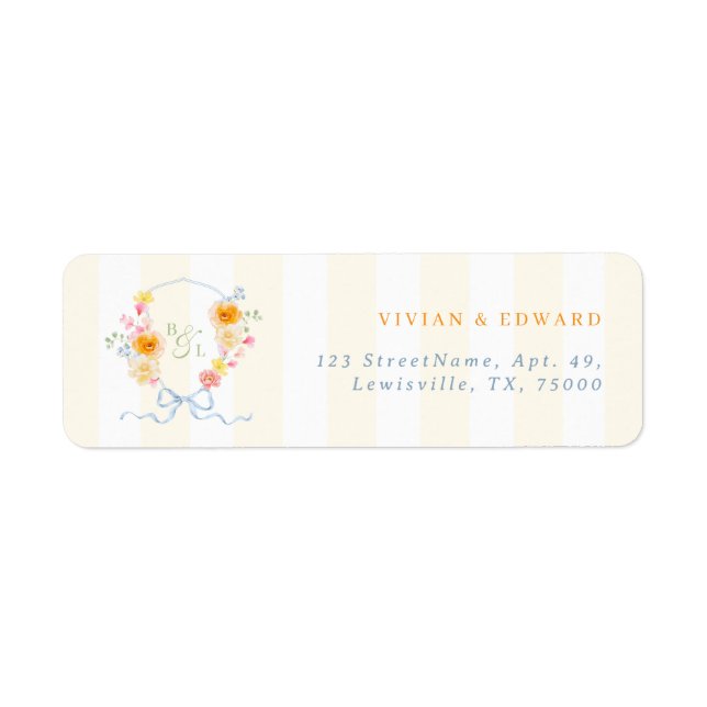 Yellow Stripes Crest Spring Wedding Return Address Label (Front)