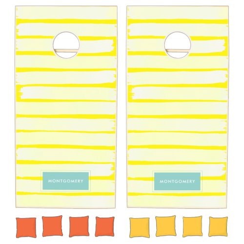 Yellow Stripes Farmhouse Summer Decor Personalized Cornhole Set