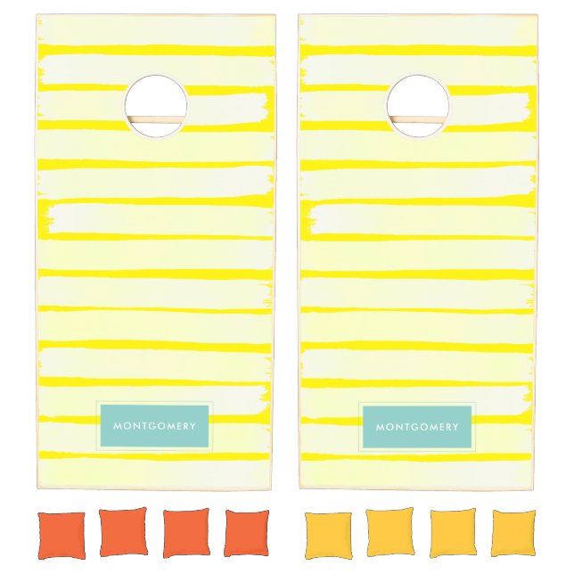 Yellow Stripes Farmhouse Summer Decor Personalized Cornhole Set (Set)