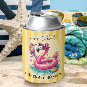 Yellow Stripes Flamingo Summer Birthday Party Can Cooler