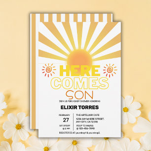 Yellow Stripes Here Comes The Son Baby Shower Invitation