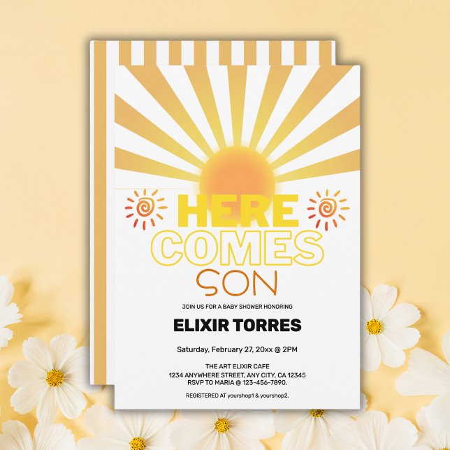 Yellow Stripes Here Comes The Son Baby Shower Invitation (Creator Uploaded)