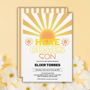 Yellow Stripes Here Comes The Son Baby Shower Invitation