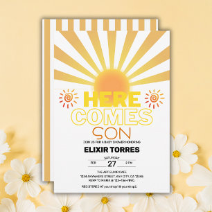 Yellow Stripes Here Comes The Son Baby Shower Invitation