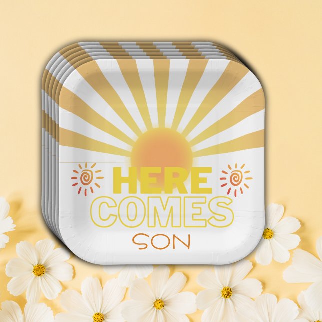 Yellow Stripes Here Comes The Son Baby Shower Paper Plates (Creator Uploaded)