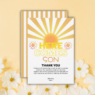 Yellow Stripes Here Comes The Son Baby Shower Thank You Card