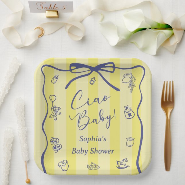 Yellow Stripes Italian Themed Ciao Baby Paper Plates (Wedding)