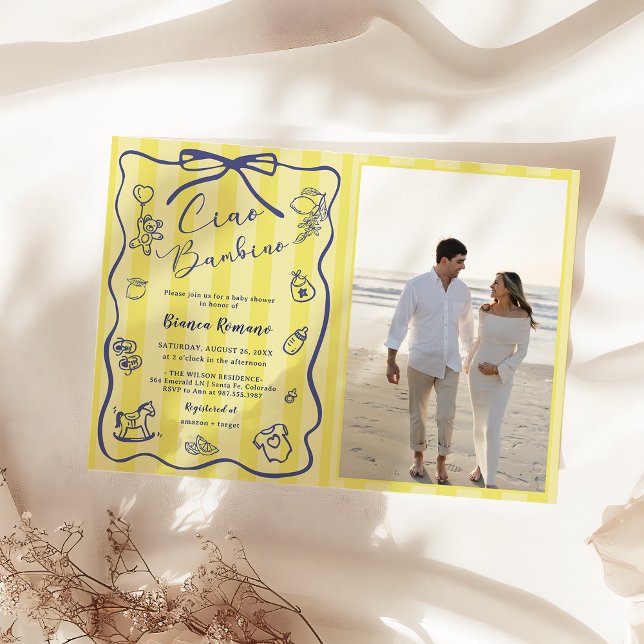 Yellow Stripes Italian Themed Ciao Bambino Photo  Invitation (Creator Uploaded)