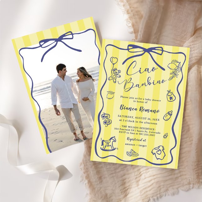 Yellow Stripes Italian Themed Ciao Bambino Photo  Invitation (Creator Uploaded)