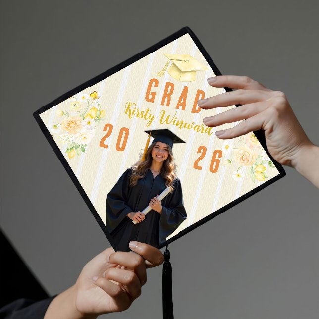 Yellow Stripes Lemons and Flowers Graduation Cap Topper (Creator Uploaded)
