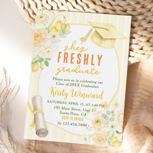 Yellow Stripes Lemons and Flowers Graduation Invitation