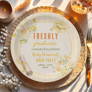 Yellow Stripes Lemons and Flowers Graduation Paper Plates