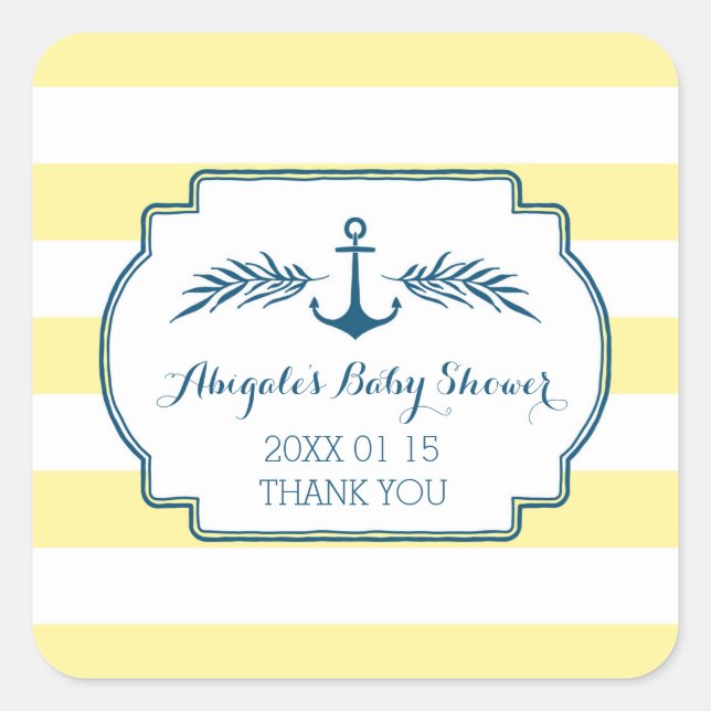 Yellow Stripes Nautical Baby Shower Favor Sticker (Front)