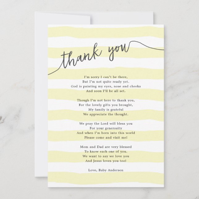 Yellow Stripes Neutral Baby Shower Poem Thank You Card (Front)