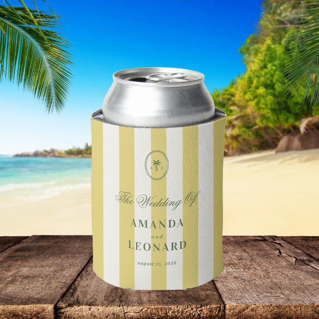 Yellow Stripes Palm Tree Monogram Wedding Favor Can Cooler (Creator Uploaded)