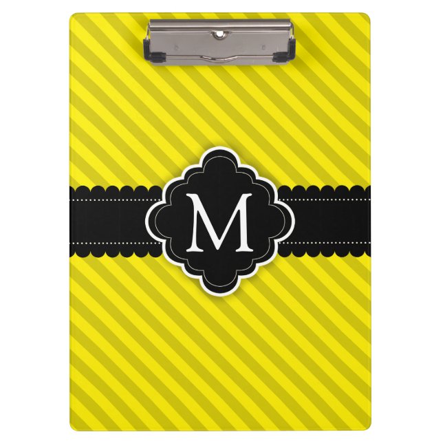 Yellow Stripes Pattern Black Custom Monogram Clipboard (Front)