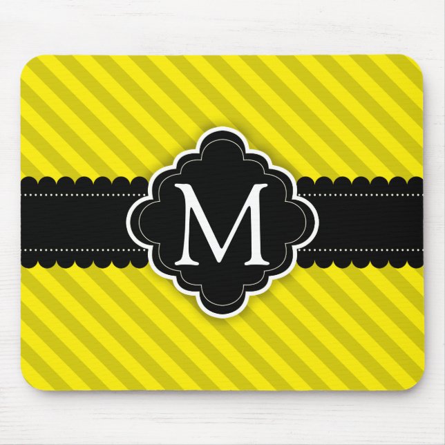 Yellow Stripes Pattern Black Custom Monogram Mouse Pad (Front)