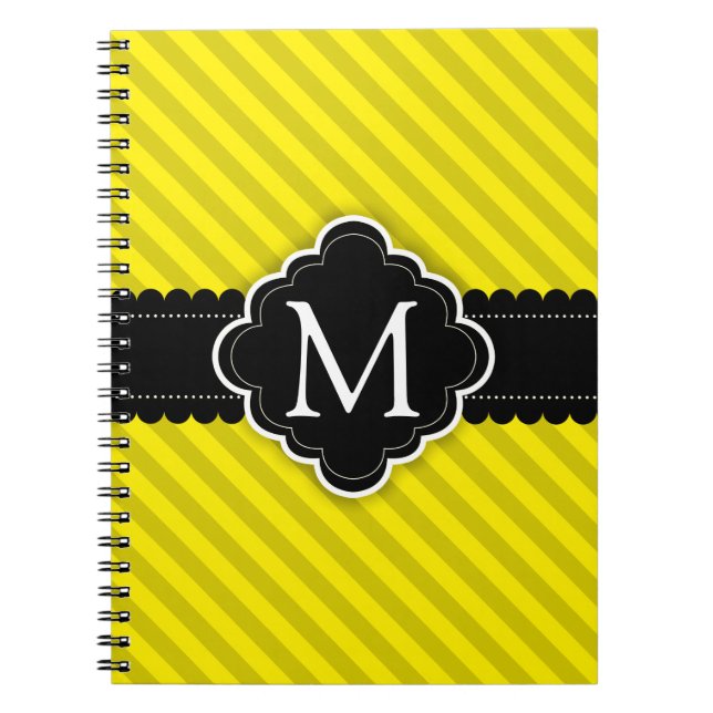 Yellow Stripes Pattern Black Custom Monogram Notebook (Front)