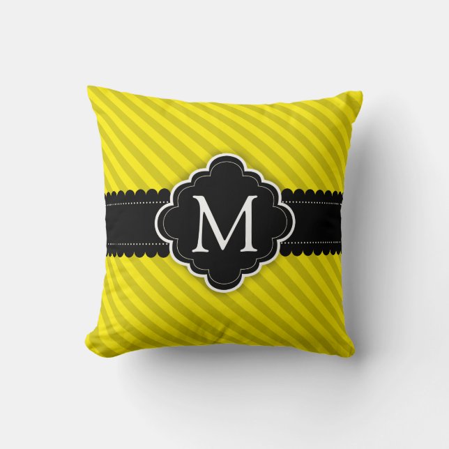 Yellow Stripes Pattern Black Custom Monogram Throw Pillow (Front)