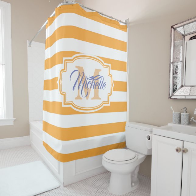 Yellow Stripes Pattern Shower Curtain (In Situ)