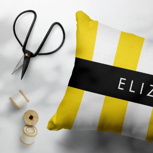 Yellow Stripes, Striped Pattern, Lines, Your Name Accent Pillow