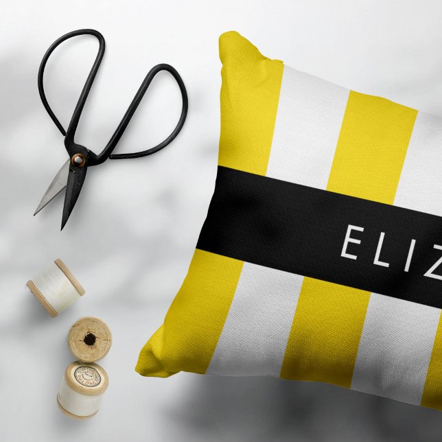 Yellow Stripes, Striped Pattern, Lines, Your Name Accent Pillow (Creator Uploaded)