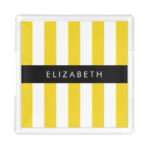 Yellow Stripes, Striped Pattern, Lines, Your Name Acrylic Tray