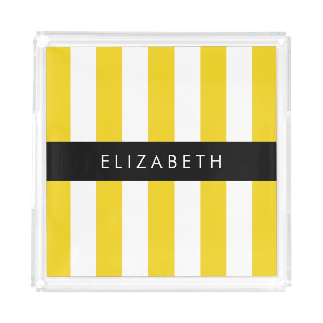 Yellow Stripes, Striped Pattern, Lines, Your Name Acrylic Tray (Front)