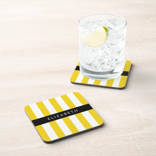 Yellow Stripes Striped Pattern Lines Your Name Beverage Coaster