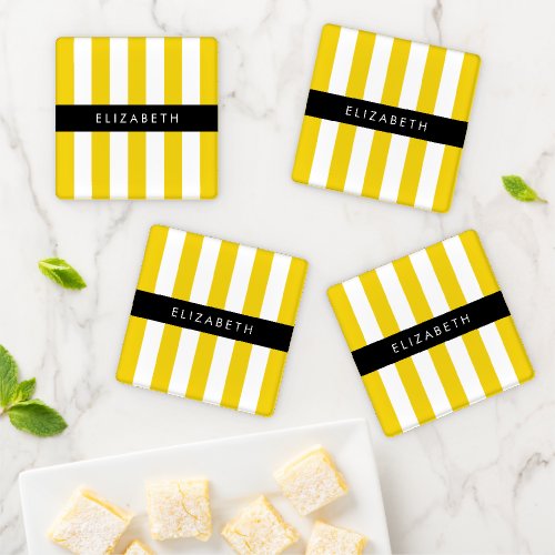 Yellow Stripes Striped Pattern Lines Your Name Coaster Set