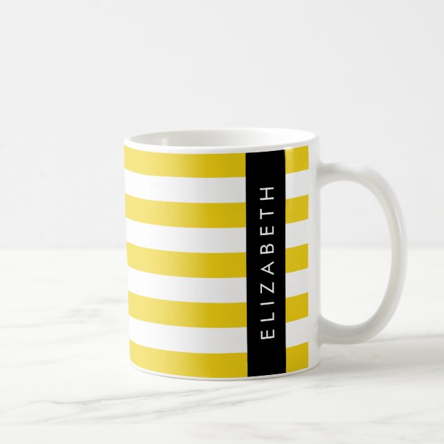 Yellow Stripes, Striped Pattern, Lines, Your Name Coffee Mug (Right)