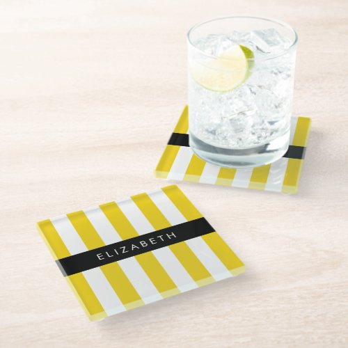 Yellow Stripes Striped Pattern Lines Your Name Glass Coaster