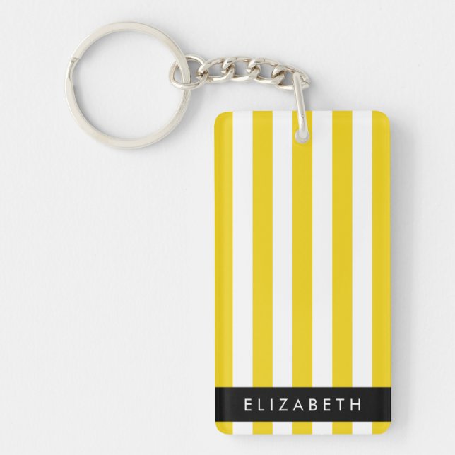 Yellow Stripes, Striped Pattern, Lines, Your Name Keychain (Front)