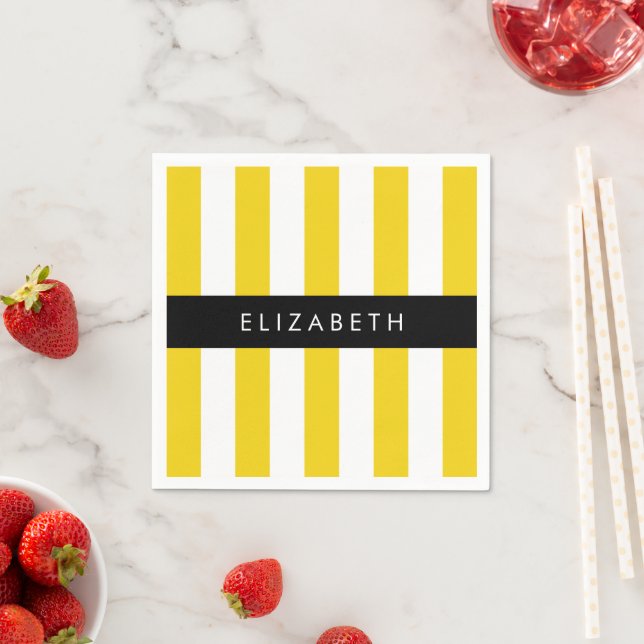 Yellow Stripes, Striped Pattern, Lines, Your Name Napkins (Insitu)
