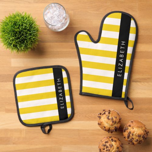 Yellow Stripes Striped Pattern Lines Your Name Oven Mitt  Pot Holder Set