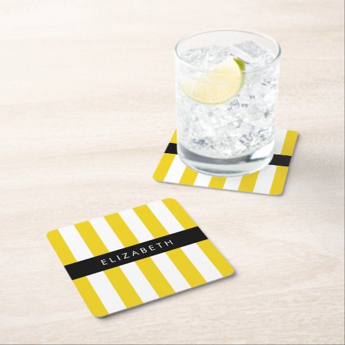 Yellow Stripes Striped Pattern Lines Your Name Square Paper Coaster