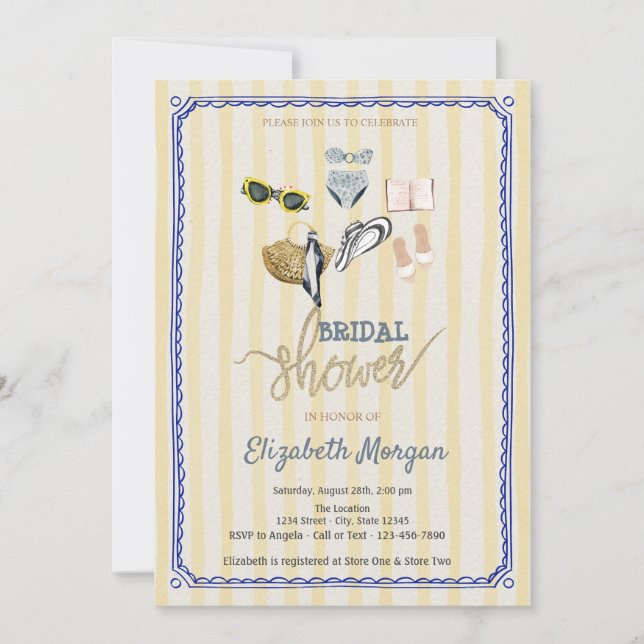 Yellow Stripes Tropical Beach Bridal Shower Invitation (Front)