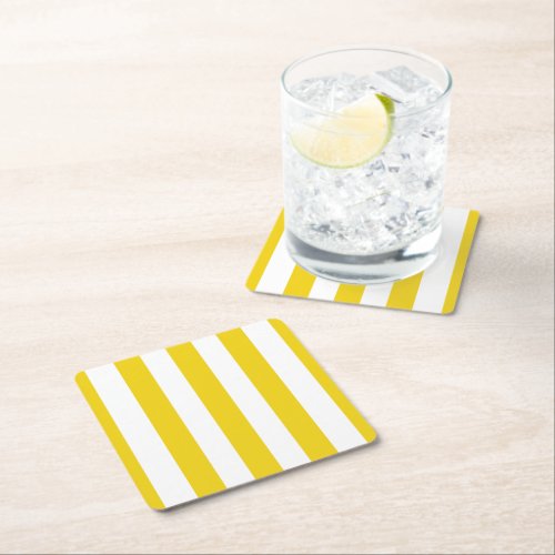Yellow Stripes White Stripes Striped Pattern Square Paper Coaster