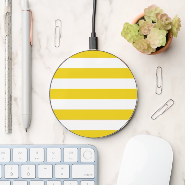Yellow Stripes, White Stripes, Striped Pattern Wireless Charger (Desk)
