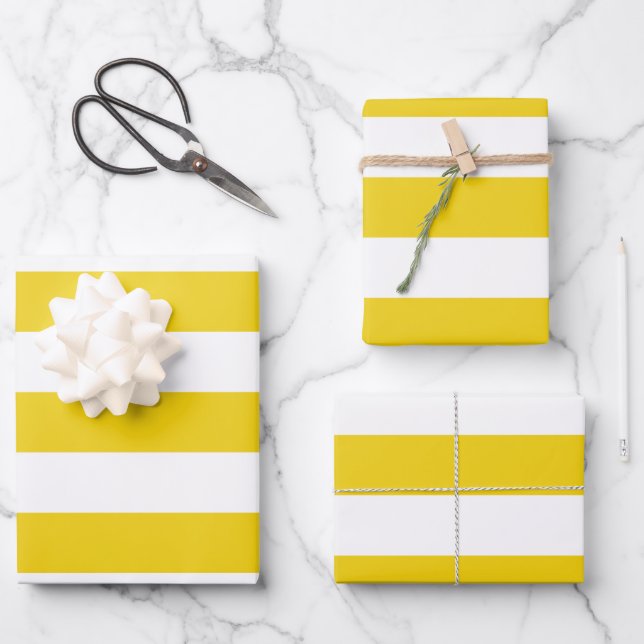Yellow Stripes, White Stripes, Striped Pattern Wrapping Paper Sheets (Front)