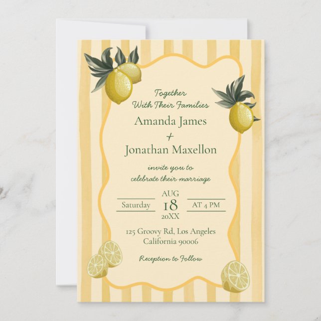 Yellow Stripes with Lemons Wedding Invitation (Front)