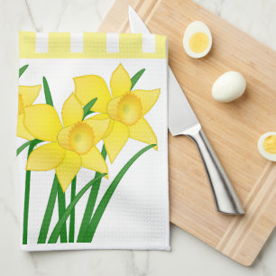Yellow Stripes with Spring Daffodils Kitchen Towel