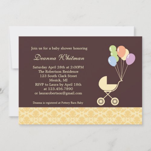 Yellow Stroller with Balloons Baby Shower Custom Invite