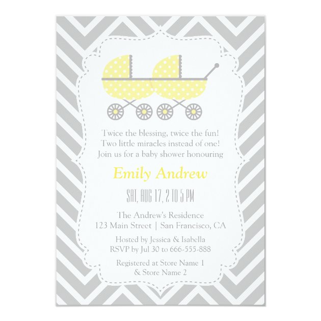 Yellow Strollers Twins Chevron Baby Shower Invites