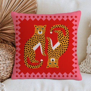 Yellow Stylized Leopards on Red Bold Maximalist Throw Pillow