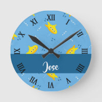 Yellow submarine and fish on blue round clock