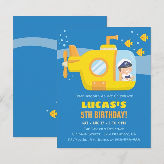 Yellow Submarine Boy Birthday Party Invitations (Front/Back)