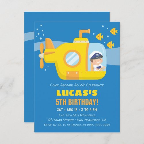 Yellow Submarine Boy Birthday Party Invitations