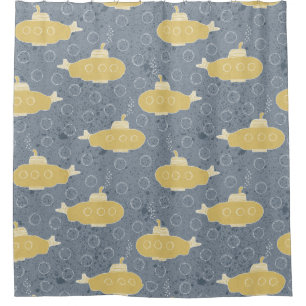 Yellow Submarines with Sweaters Gray Bubbles Shower Curtain
