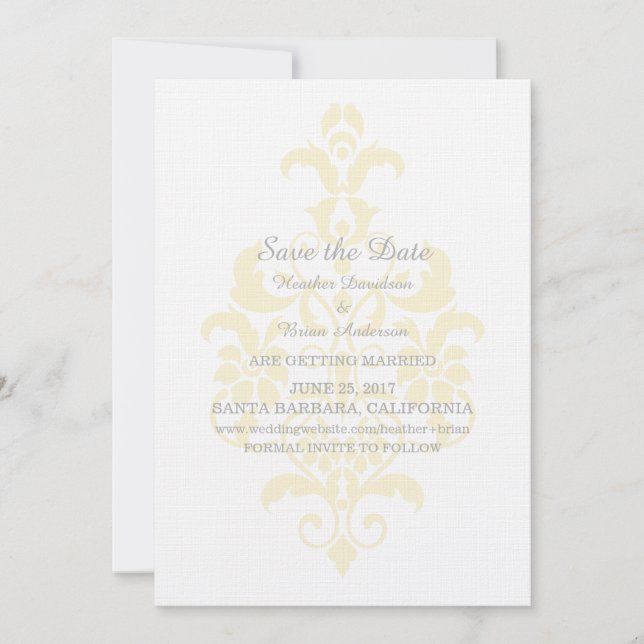 Yellow Subtle Damask Save the Date Invite (Front)